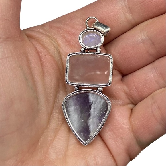 Rose Quartz Chevron Amethyst & Rainbow Moonstone Necklace Pendant 925 Overlay - Picture 3 of 3